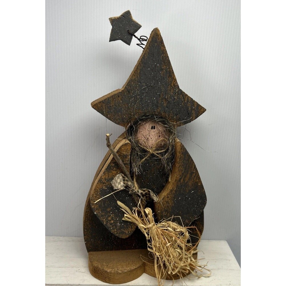 Primitive Wooden Witch Broom Star Rustic Halloween Folk Art Decor 12” Cottage